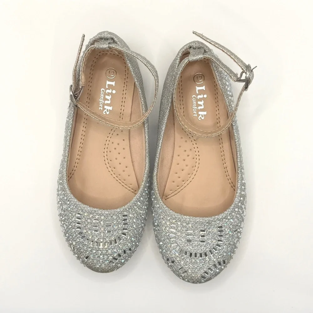 Link Comfort‎ Girls Silver Glitter Rhinestone Ankle Strap Dress Shoes Size 12